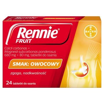 Rennie Fruit, 680 mg + 80 mg, tabletki do ssania, smak owocowy, 24 szt.