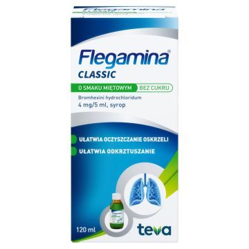 Flegamina, 4 mg/5 ml, syrop o smaku miętowym, bez cukru, 120 ml