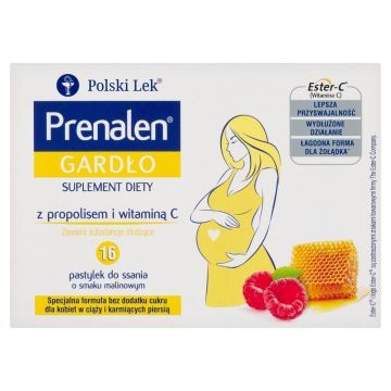 Prenalen Gardło z maliną i propolisem, pastylki do ssania bez cukru, 16 szt.