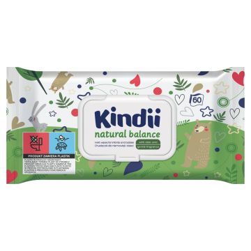 Kindii Natural Balance, chusteczki dla niemowląt i dzieci, 60 szt.