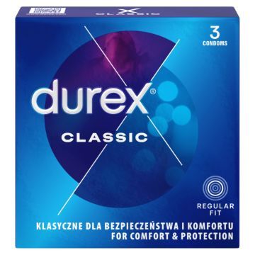 Durex Classic, prezerwatywy ze środkiem nawilżającym, 3 szt.