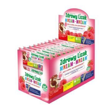 Zdrowy Lizak MniamMniam, na ząbki kości i odporność z witaminą C i D, smak malinowy, lizaki, 40 szt.