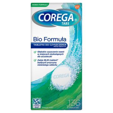 Corega Tabs Bio Formula, tabletki przeciwbakteryjne do czyszczenia protez zębowych 4w1, 136 szt.