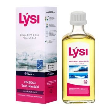 Tran islandzki Lysi o smaku tutti frutti, olej, 240 ml
