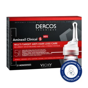 Vichy Dercos Aminexil Clinical 5, kuracja przeciw wypadaniu włosów dla mężczyzn, 6 ml, 21 ampułek