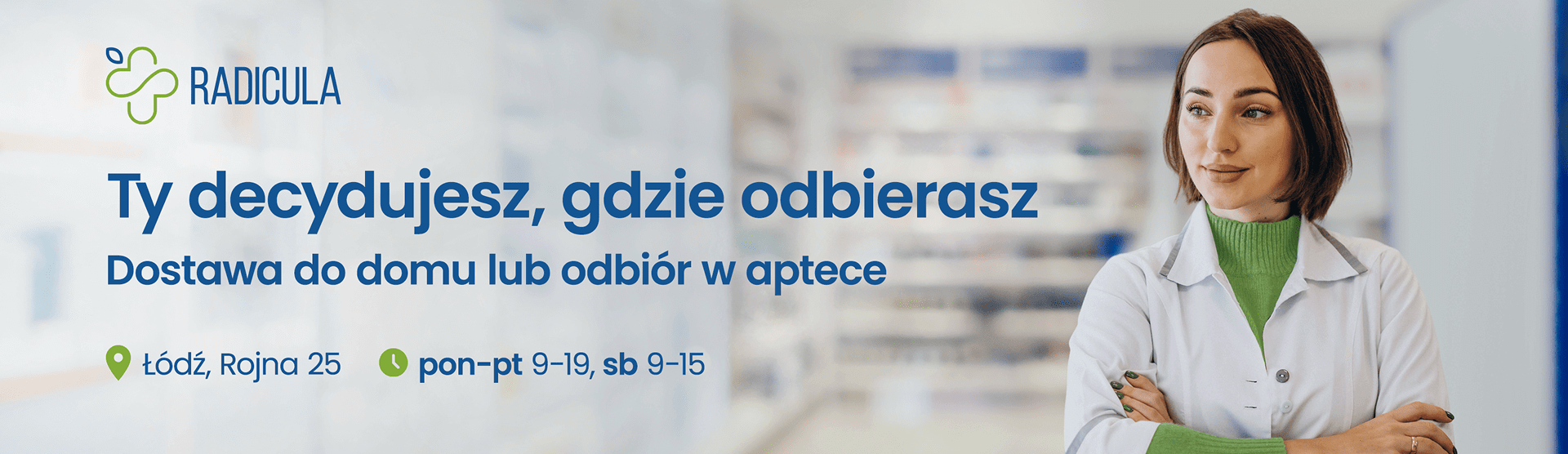 Baner gł&oacute;wny informujący o dostawie do domu lub odbiorze w aptece